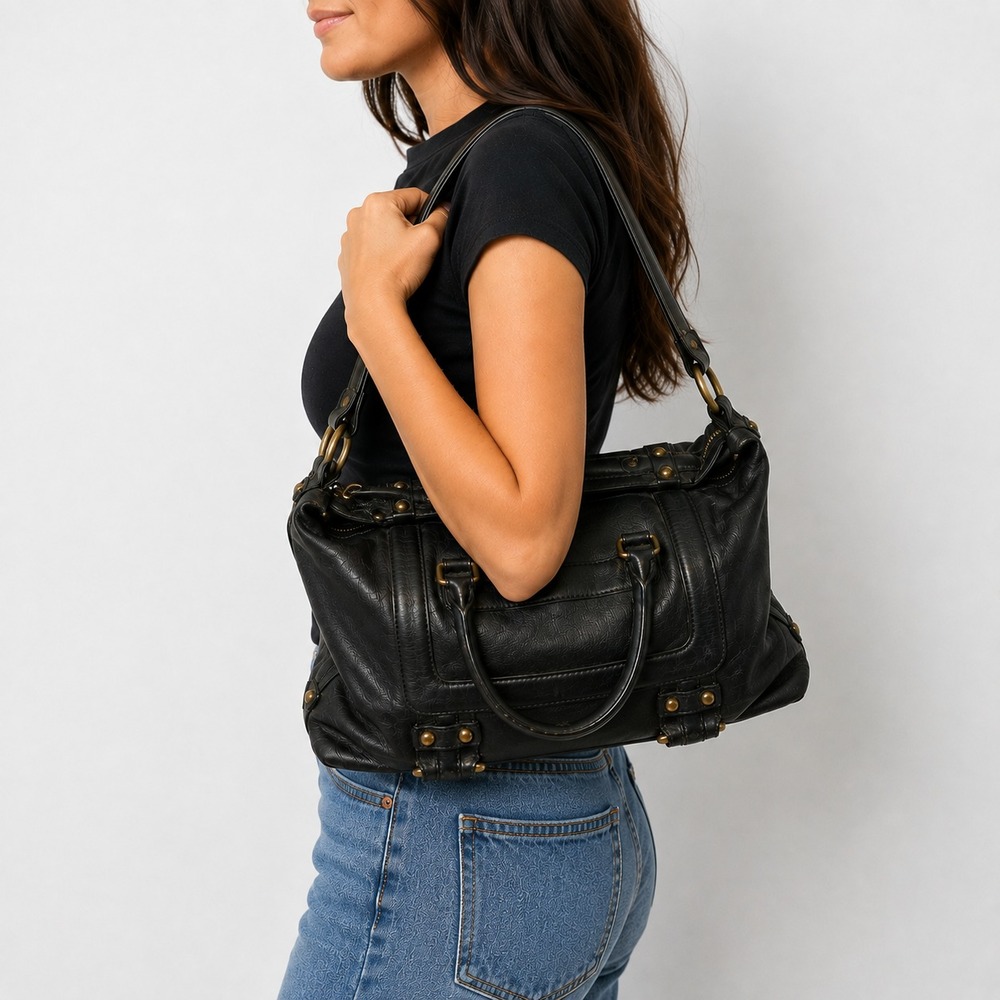 Vintage Banana Republic Black Leather Satchel Gold Hardware Y2K Chic